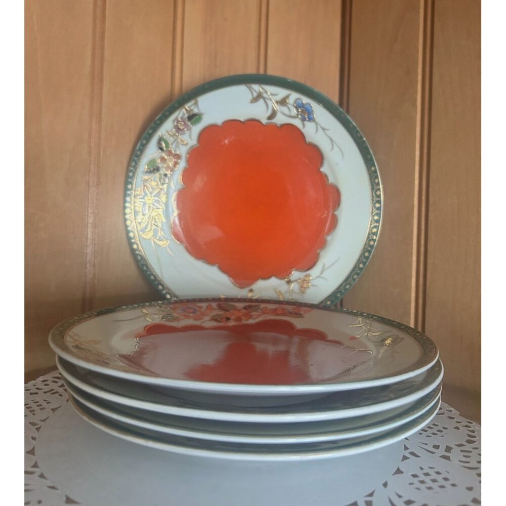 Vintage Hinode Porcelain Bread Butter Luncheon Plate Set of 5 Hand Painted Gold